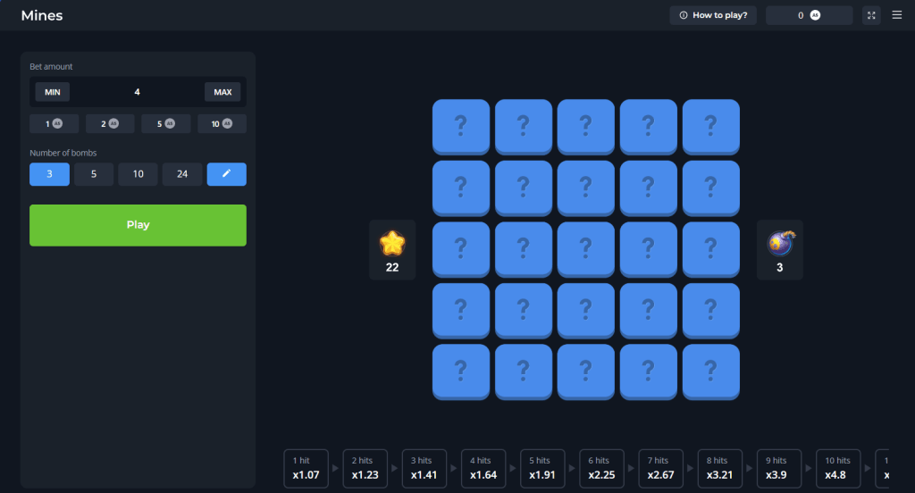 Capture d'écran de l'interface du jeu de casino en ligne "Mines".